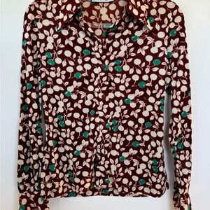 Floral Blouse - Burgundy brick red & Cream & Green